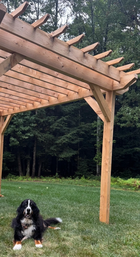 image of custom post and beam pergolas made in maine outdoor backyard