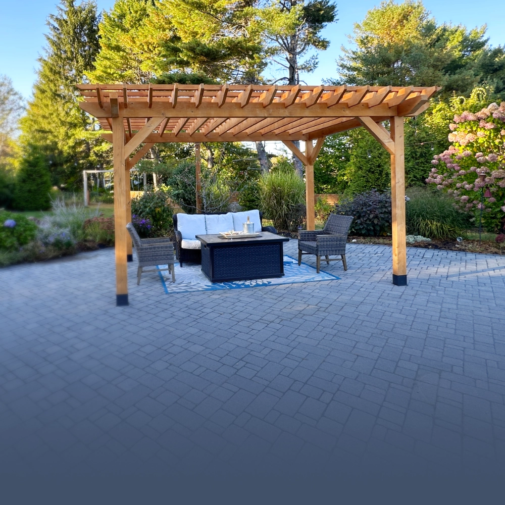 image of custom post and beam pergolas made in maine outdoor backyard